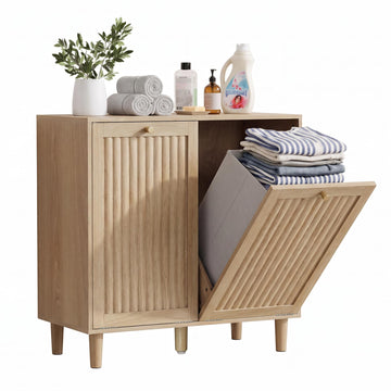 Tilt-Out Dual Laundry Storage Hamper Cabinet, Natural, with 2 Hamper.