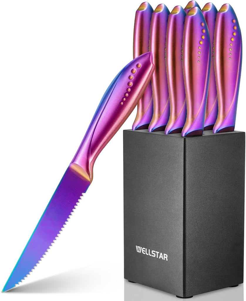 Steak Knives Set of 8 with Wood Block, 4.75 Inch Rainbow Serrated Steak Knife Set, Razor Sharp German Stainless Steel
