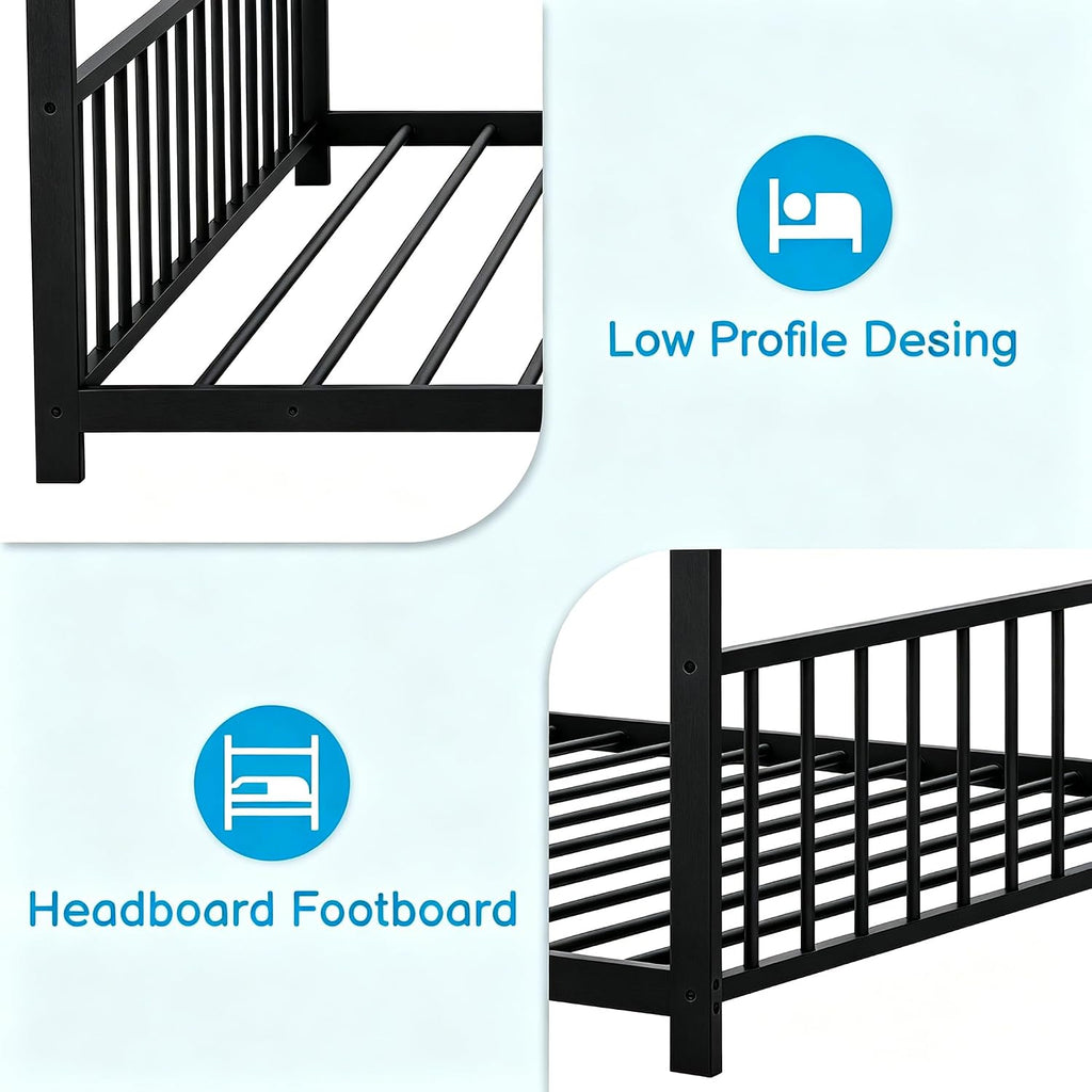 Metal Toddler Floor Bed with Slats & Fence, Black