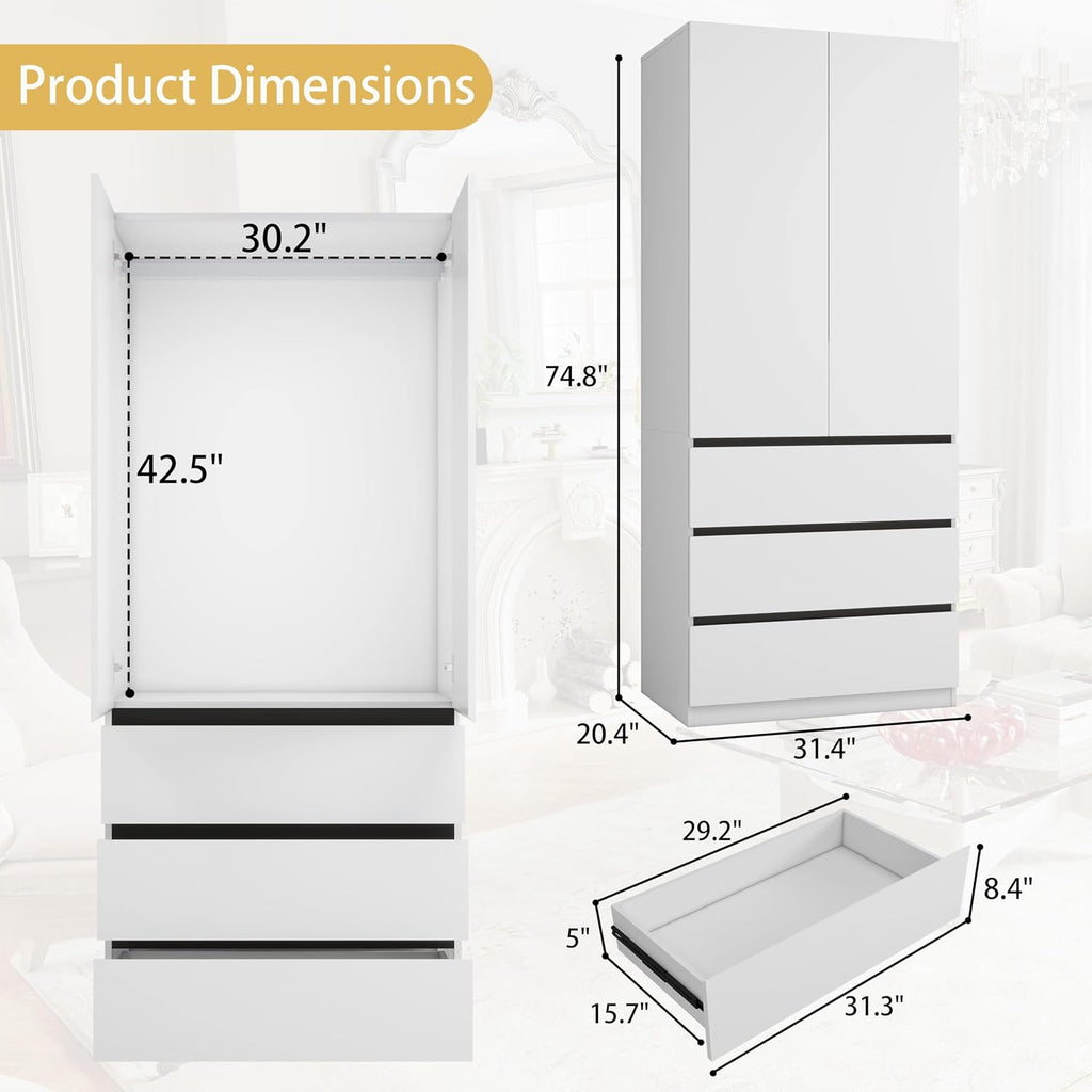 Bedroom Armoire Wardrobe Closet with 6 Drawers: White Wardrobe Closet with 4 Doors, Modern Cabinet for Clothes with