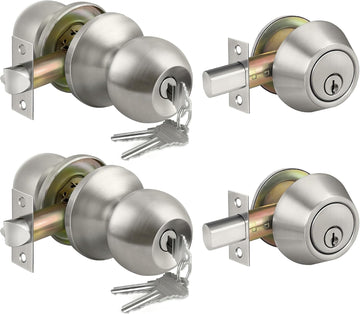 2 Pack All Keyed Same Exterior Door Knob with Key Lock and Deadbolt, for Entrance and Front Door, Satin Nickel