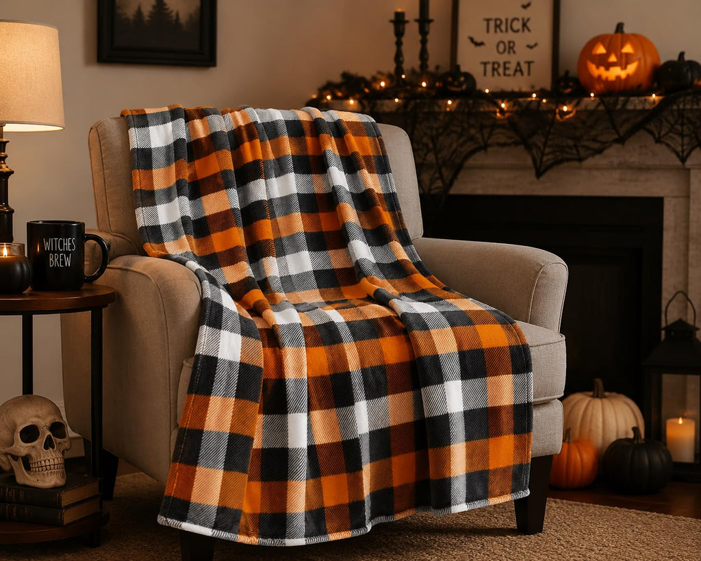 Fall Soft Fleece Throw Blanket, Orange Black White Plaid, 50x70 Oversized