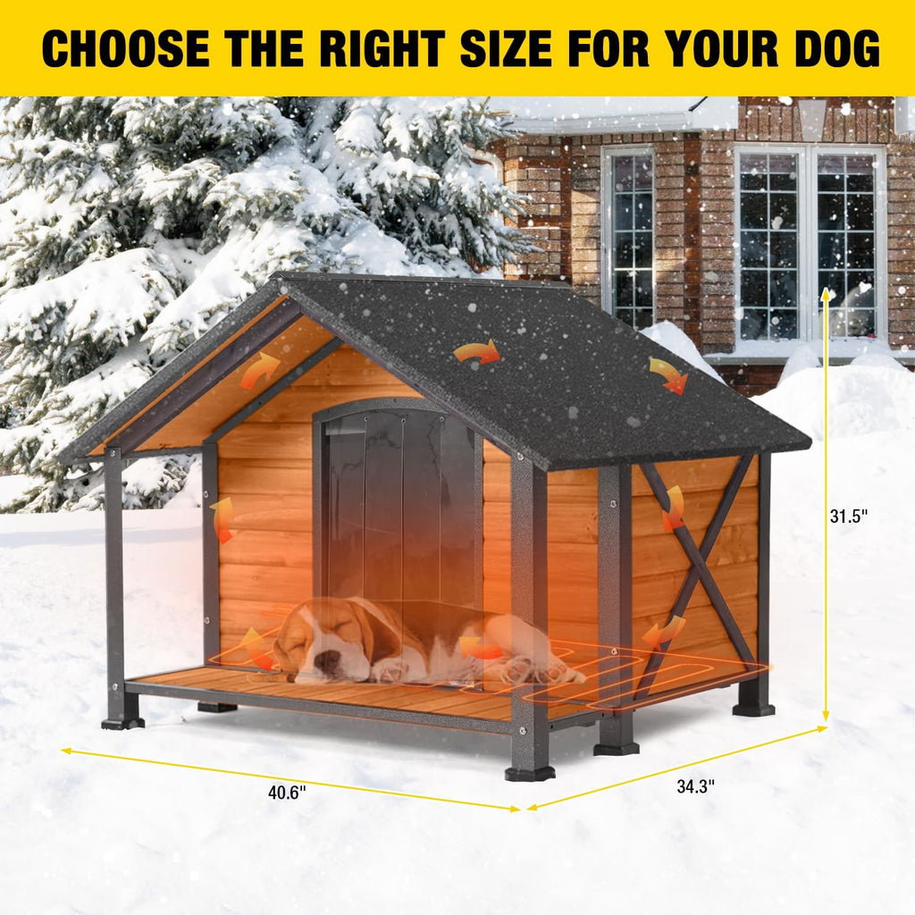 Heated Outdoor Dog House - Weatherproof Insulated Wooden Shelter with Iron Frame, Large Porch for Medium & Large