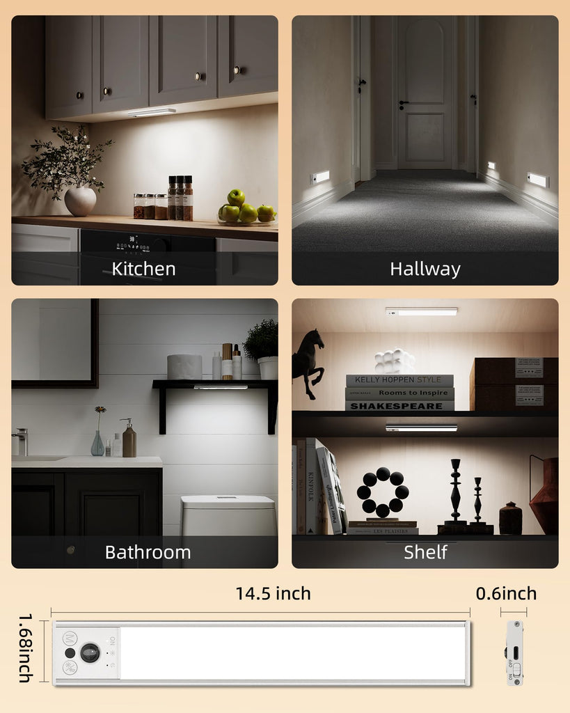 14.5inch Under Cabinet Lighting, 2 Pack 3500mAh Rechargeable Motion Sensor Light Indoor with 3 Color Temperatures