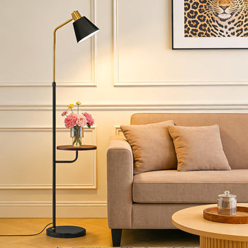 Black Floor Lamp with Walnut Side Table Bedroom, Modern Standing Lamp 12W LED 3-Color Dimmable 3000K/4500K/6500K