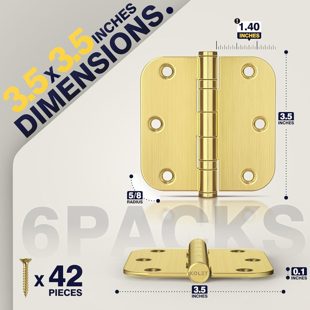 Ball Bearing Gold Door Hinges, 3.5 Inches Heavy Duty Stainless Steel Door Hinges, 5/8'' Radius Corner Hinges