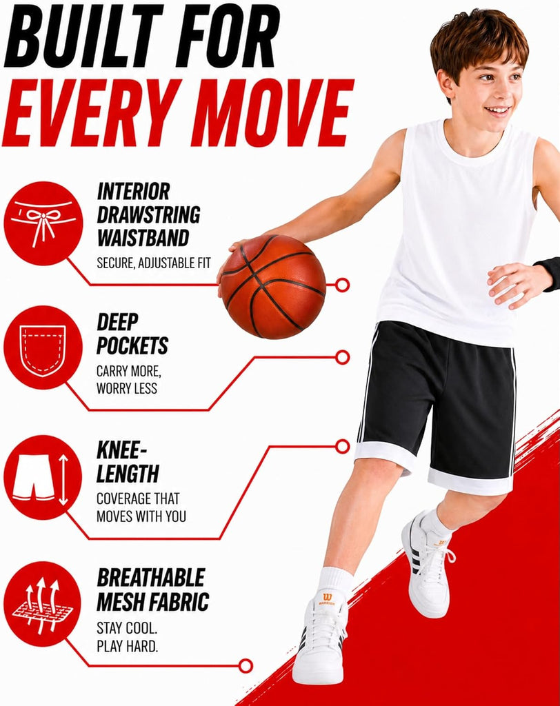 5 Pack Youth Boys Knee Length Basketball Shorts