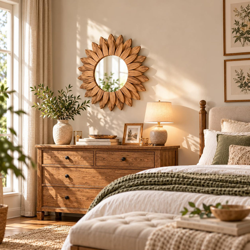 Sunburst Mirror, Solid Wood Boho Wall Mirror with Rustic Natural Brown Finish, Decorative Round Accent Mirror