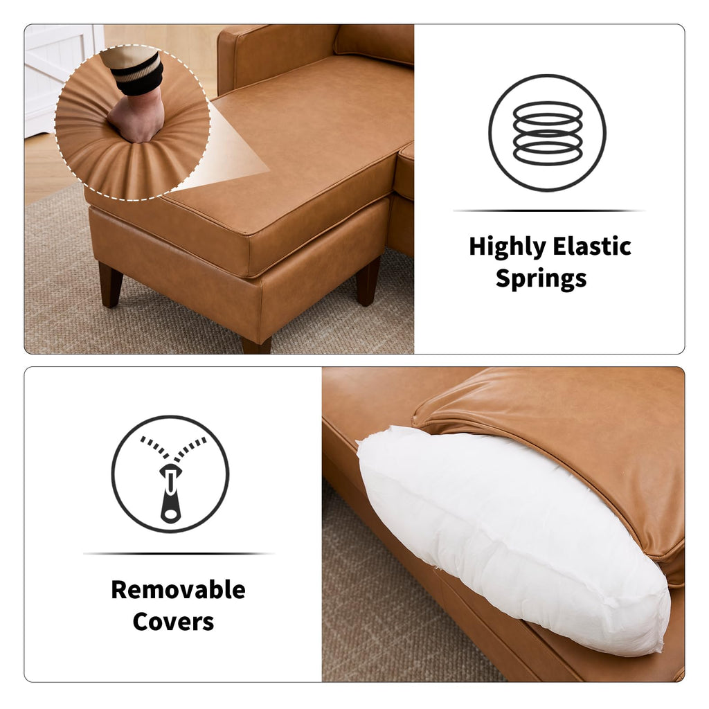 Faux Leather L Shaped Couch with Solid Wood Feet, 3-Seater Sofa with Reversible Chaise, Sectional Couches, Cognac