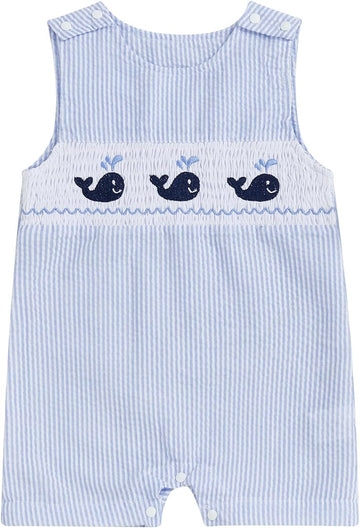 Newborn Baby Boys Sleeveless Seersucker Romper One Piece Straps Overalls Striped Jumpsuit Summer Smocked Clothes