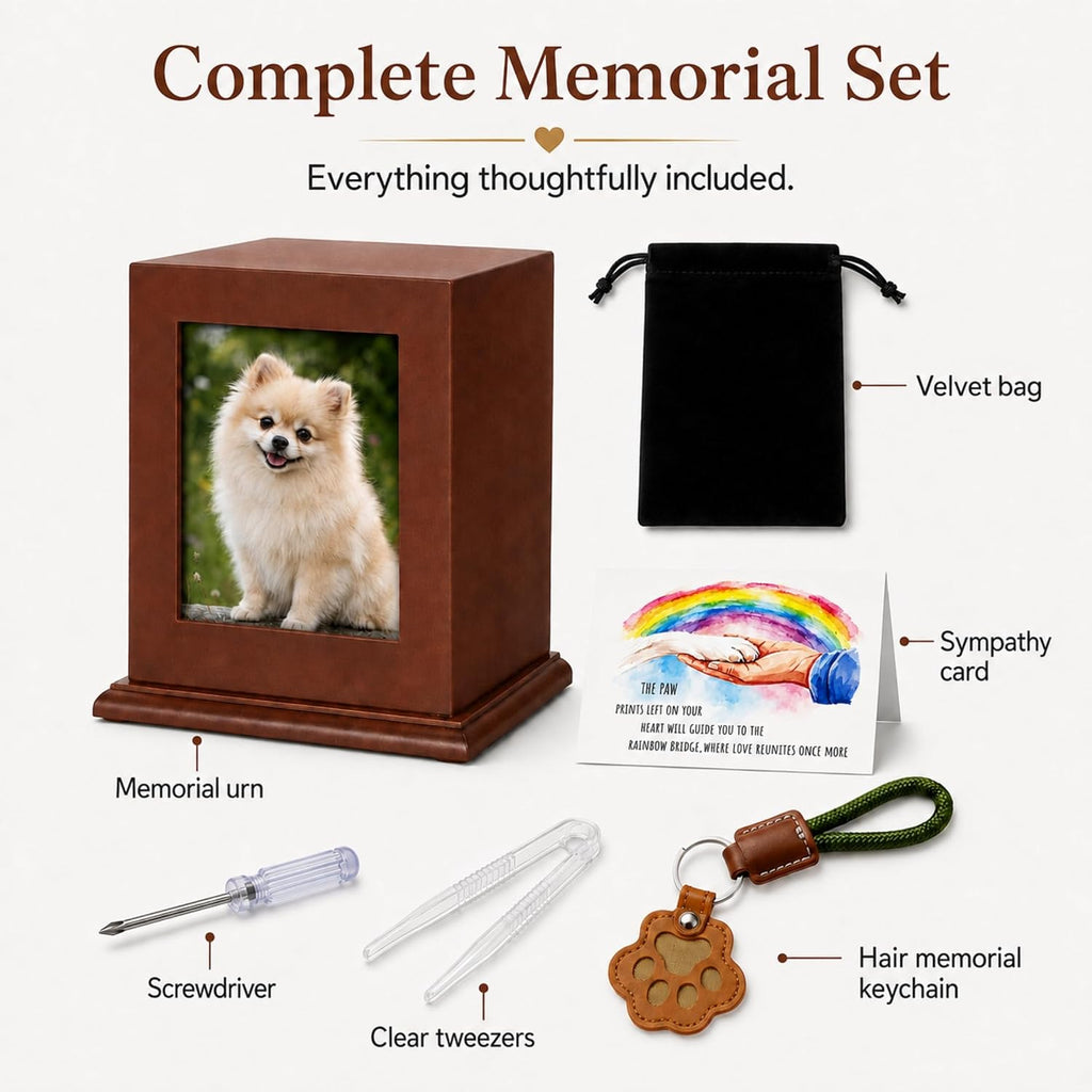 Dog Urn for Ashes - Wood Pet Cremation Box with Photo Frame, Cat Dog