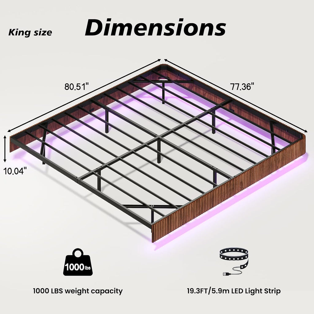Classic Low Profile Floating Platform Bed, 10" High Floor Solid Wood Bed Frame With Led Ambient