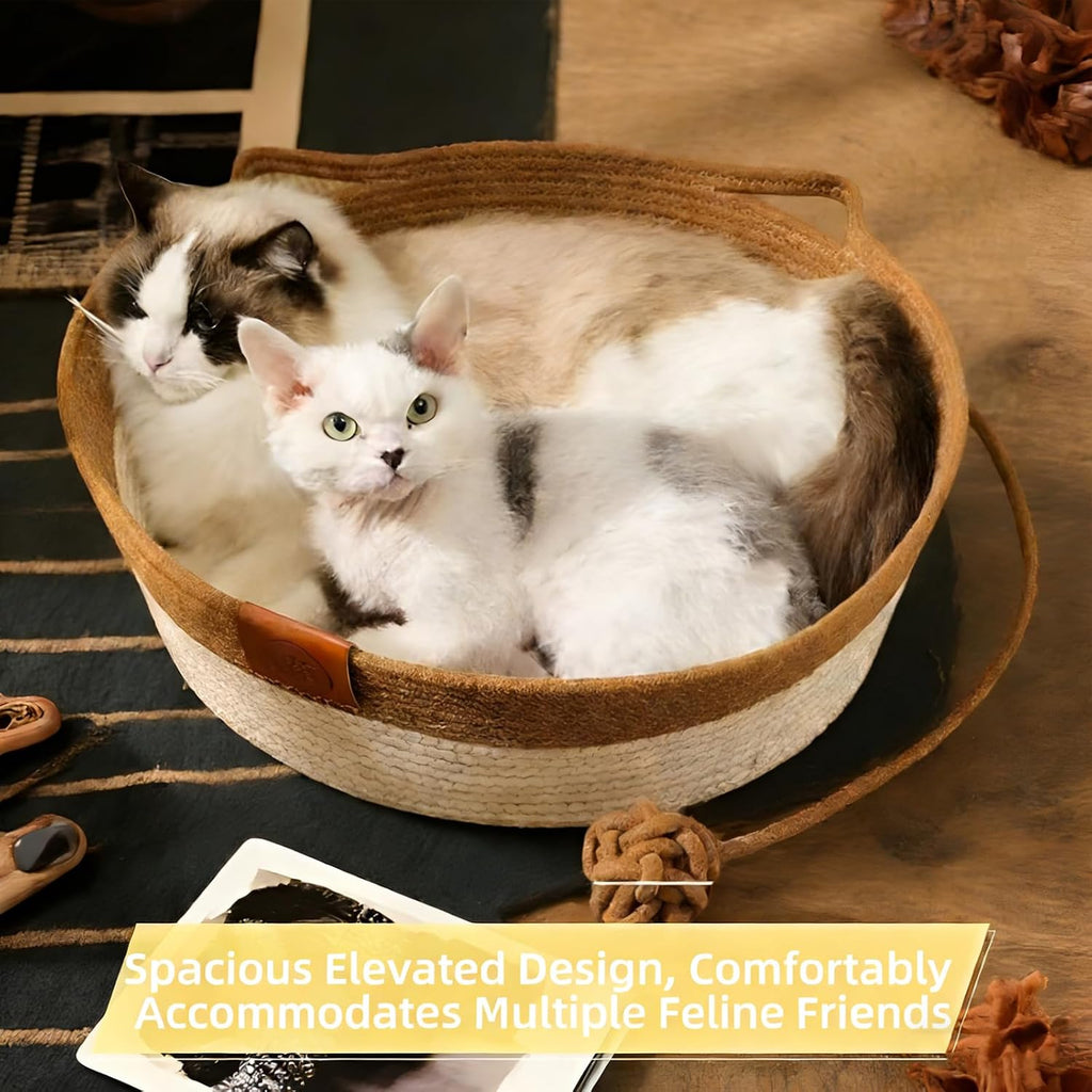 Large Cat Bed Rope Cotton, Eliminates Bed Rejection Round Pet Basket, Boho Catbed for Cats Handwoven Scratchable