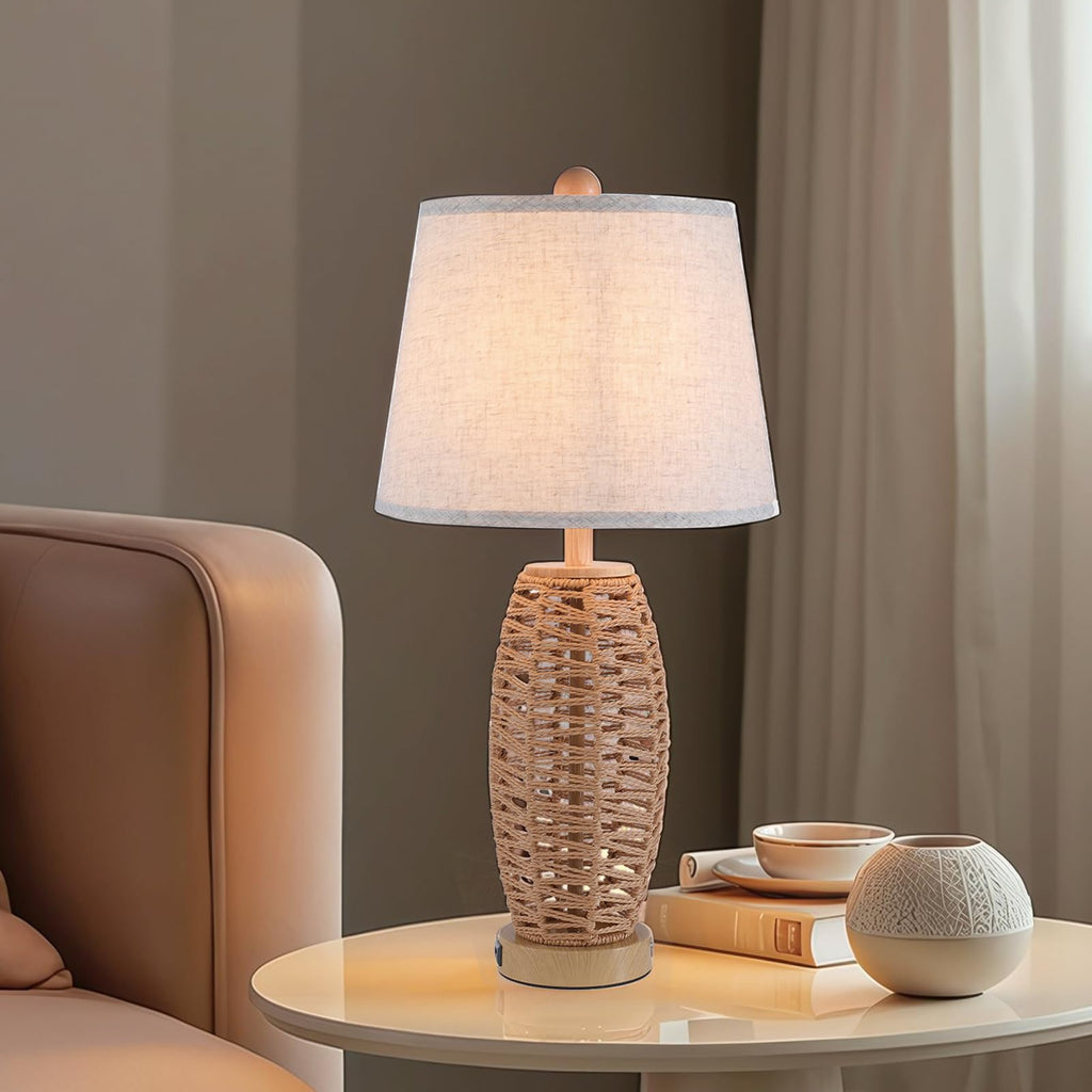 27" Rattan Table Lamps Set of 2, Touch Switch Nightstand Bedside Lamps with 2 USB Ports, Oatmeal Lampshade Wicker