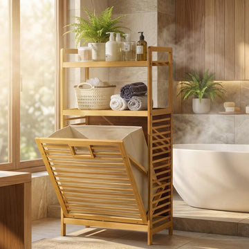 Tilt Out Laundry Hamper with Shelf - Bamboo Laundry Basket, Brown