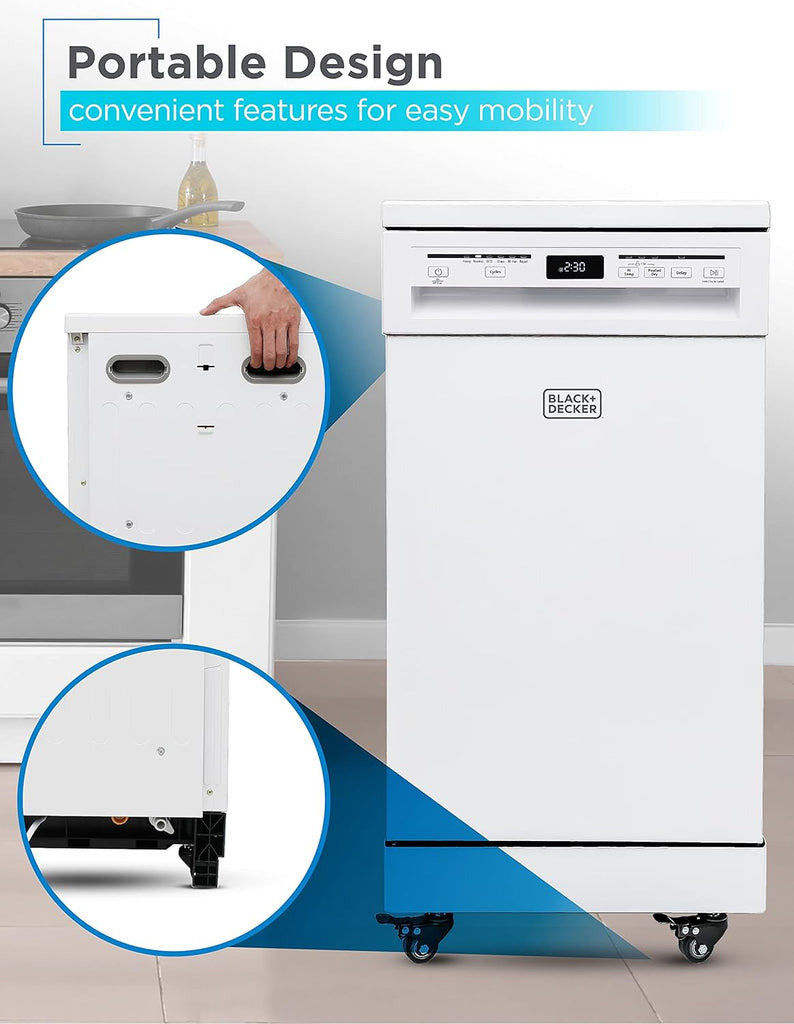 18” Portable Dishwasher, Compact Dish Washer with 8-Place Setting Capacity, Stainless Steel Tub, 6 Wash Programs