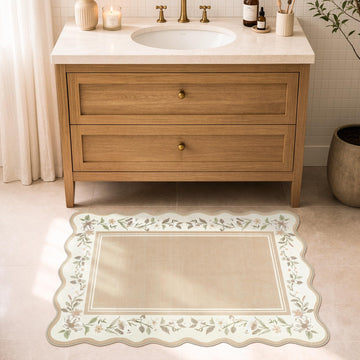 Scalloped Bathroom Rug 2x3, Beige Floral Bath Mat
