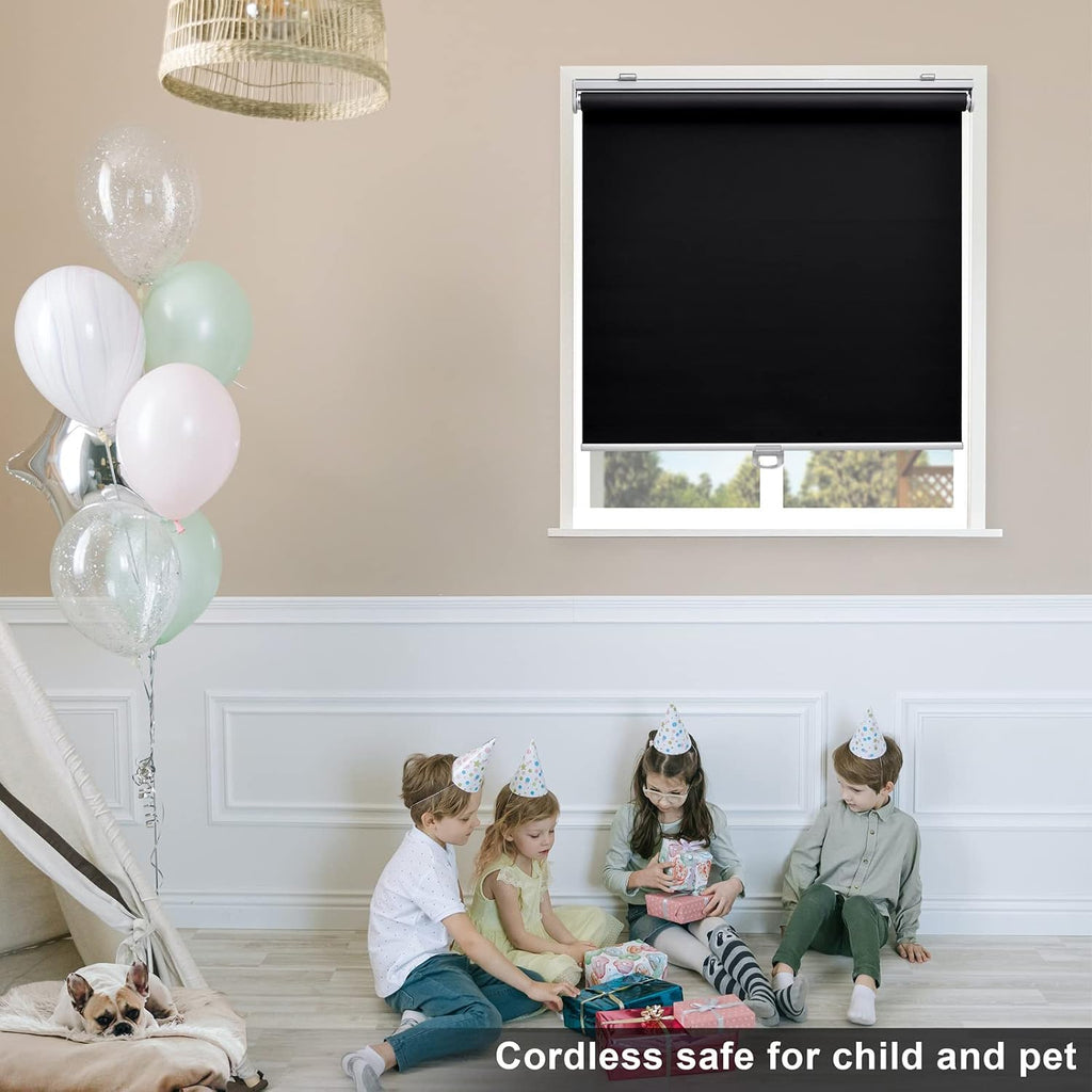 Blackout Cordless Roller Shades Blinds, Black | Blackout Fabric UV Thermal Insulated,Spring System For Windows