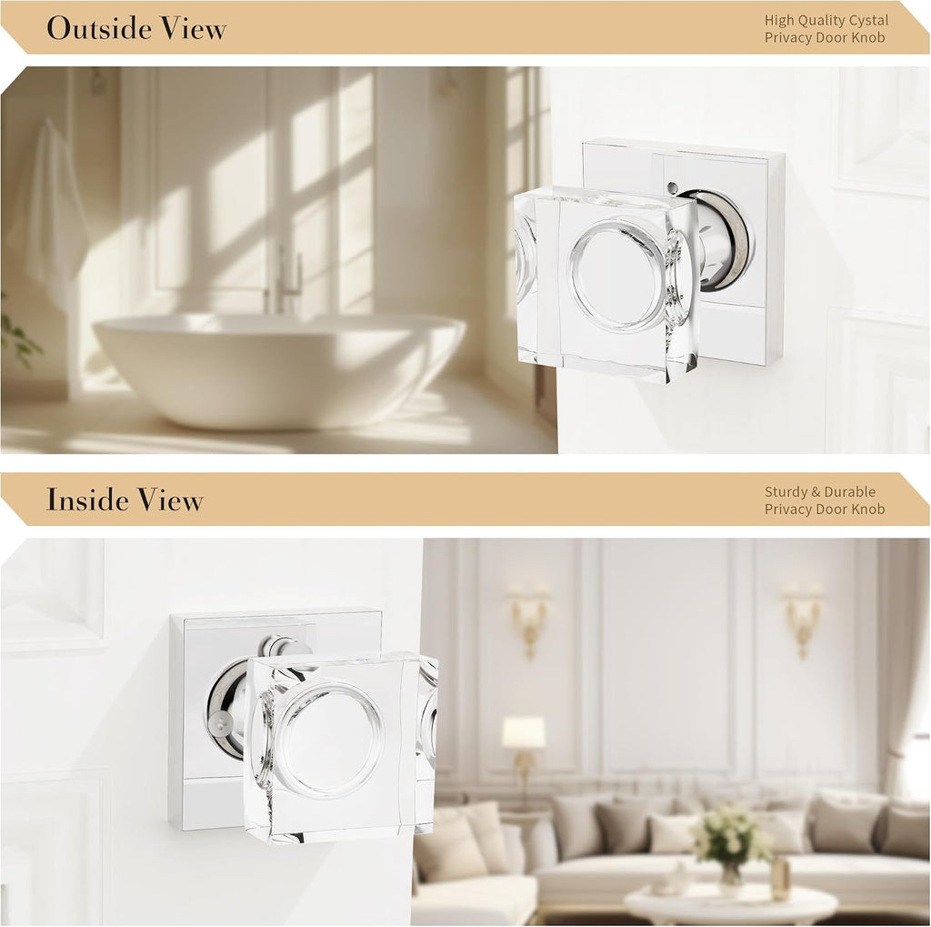 Polished Chrome Crystal Glass Door Knob With Lock - Modern Square Handle for Interior Bedroom Bathroom - Privacy
