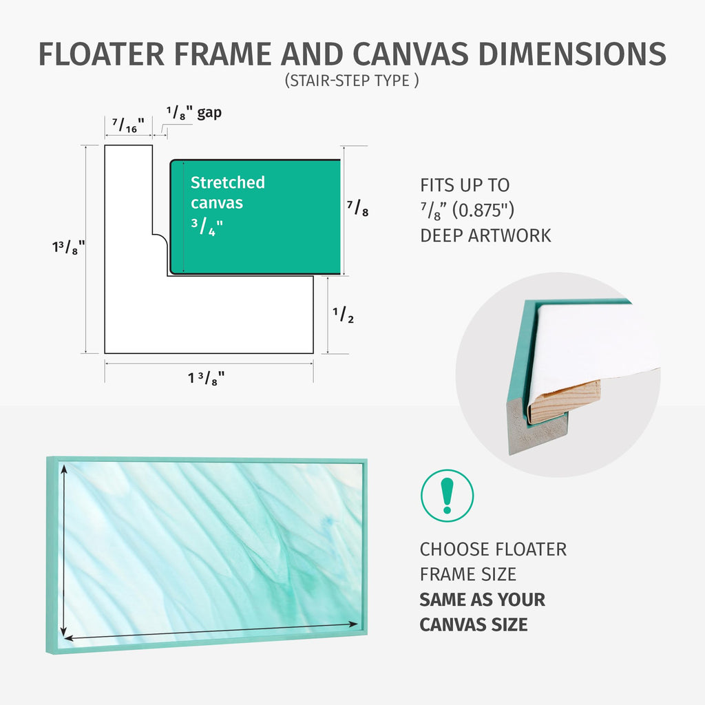 15x30 inch Floater Frame for Canvas Paintings. 12 Colors. Floating Frame fits 5/8", 3/4" & max 7/8" Deep Stretched
