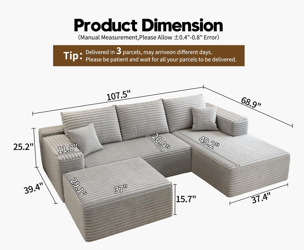 107.5" Cloud Sectional Couch with 1 Ottoman, Modern Modular Sofa with Deep Seat, Comfort U Shaped Sofa Couches Bedroom