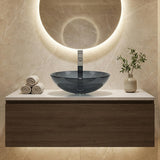 Bathroom Vessel Sink, Tempered Glass Vanity Round Bowl with Chrome Faucet and Pop up drain Set, Bluish Grey
