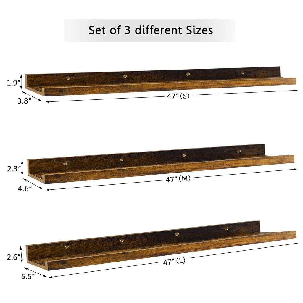 47 Inch Long Floating Shelves for Wall, Rustic Picture Ledge Large Shelf Bedroom Bathroom Kitchen, Set of 3 Different
