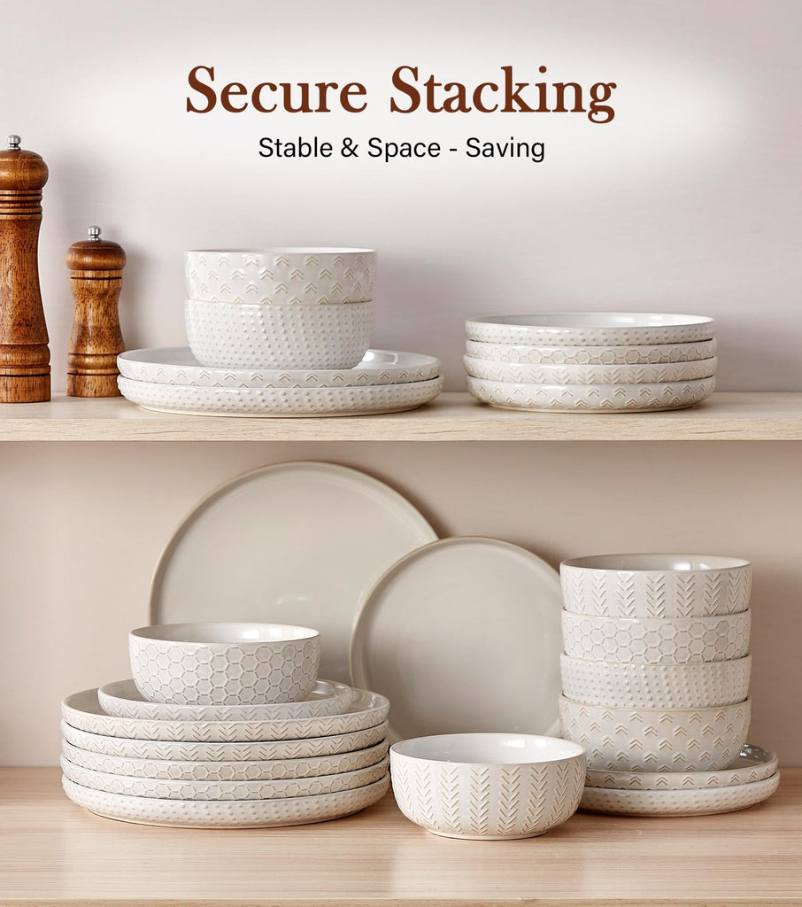 24 Piece Dinnerware Sets for 8 - Farmhouse Style Stoneware Plates and Bowls Sets - Scratch Resistant & Dishwasher