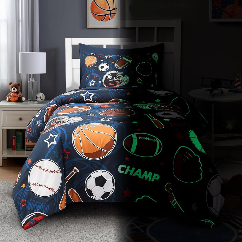 Twin Comforter Set for Boys-5 Pieces Sports Ball Games Glow in the Dark Twin Bedding Sets for Kids, Soft Bed in A Bag
