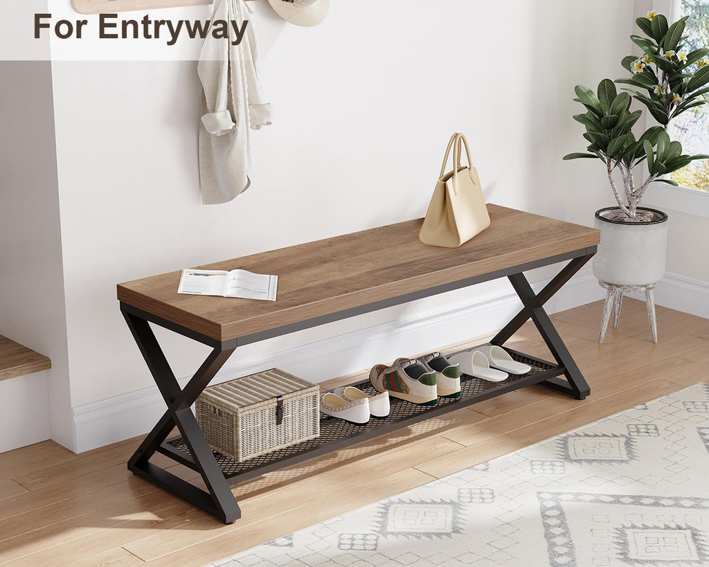 Entryway Bench, Indoor Shoe Bench with Storage & Seating Rustic Oak 47"