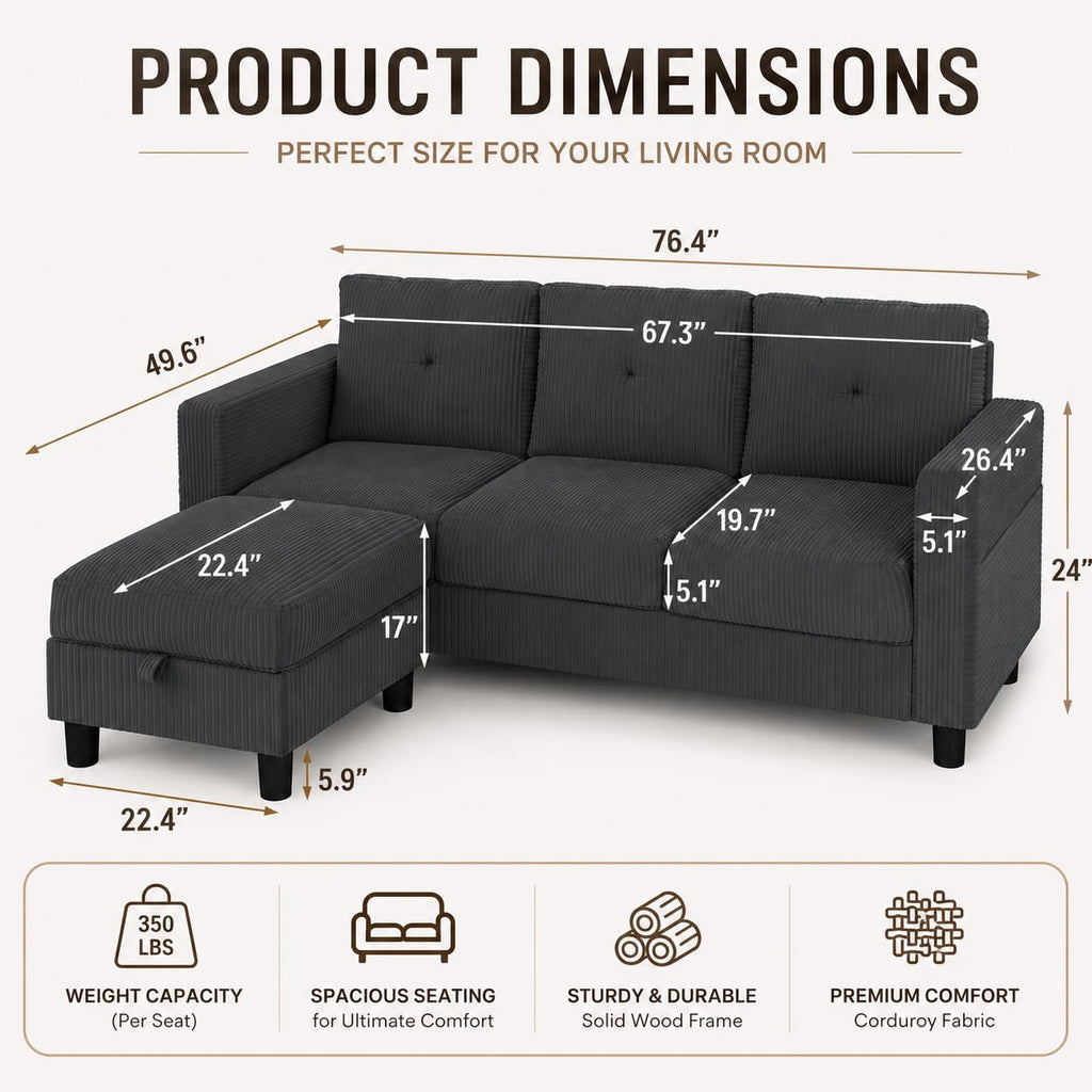 77" L-Shaped Corduroy Sectional Sofa with Storage Ottoman, Grey