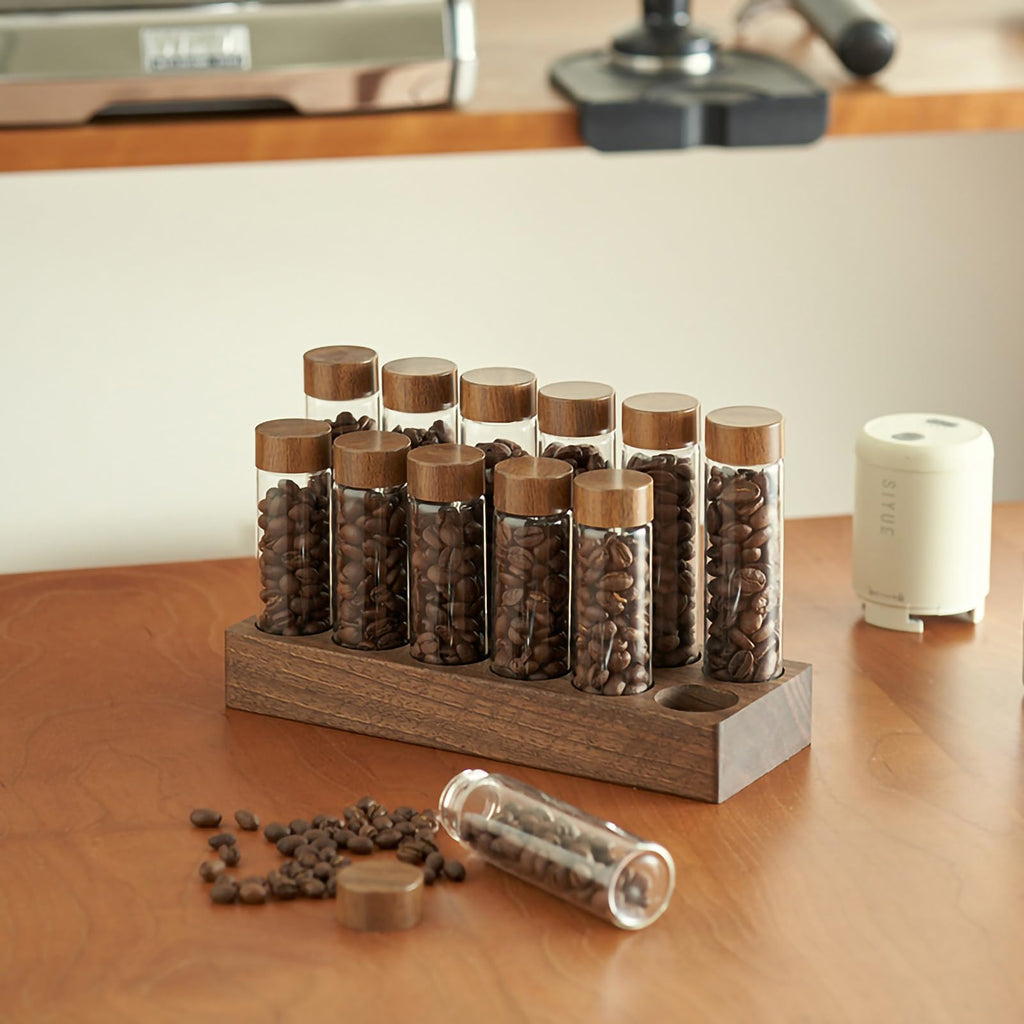 Coffee Bean Storage, Coffee Storage Container with Walnut Solid Wood Base, Coffee Bean Container, 12 Tubes Single Dose