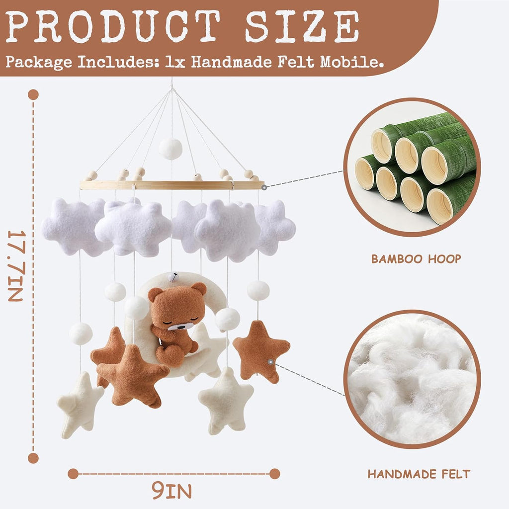 Baby Mobile for Crib - Neutral Boho Nursery Decor with Felt Moon, Stars, Clouds & Bear - Silent Soothing Bed Bell