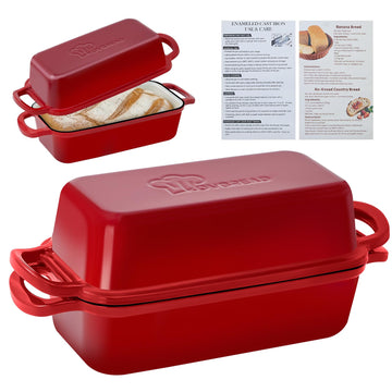 Cast Iron Loaf Pan with Lid 10x5 Inch Enameled Bread Loaf Pan for Sourdough, 2 Piece Set, Red