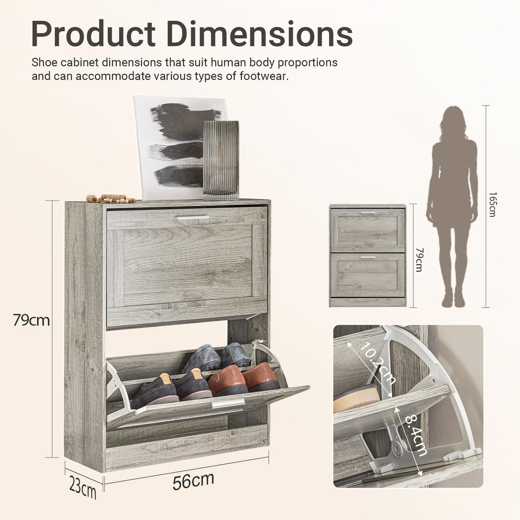 Shoe Storage Cabinet Entryway, Slim Shoe Rack Freestanding, Narrow Shoe Organizer 2 Flip-Drawers Shoe Cupboard for