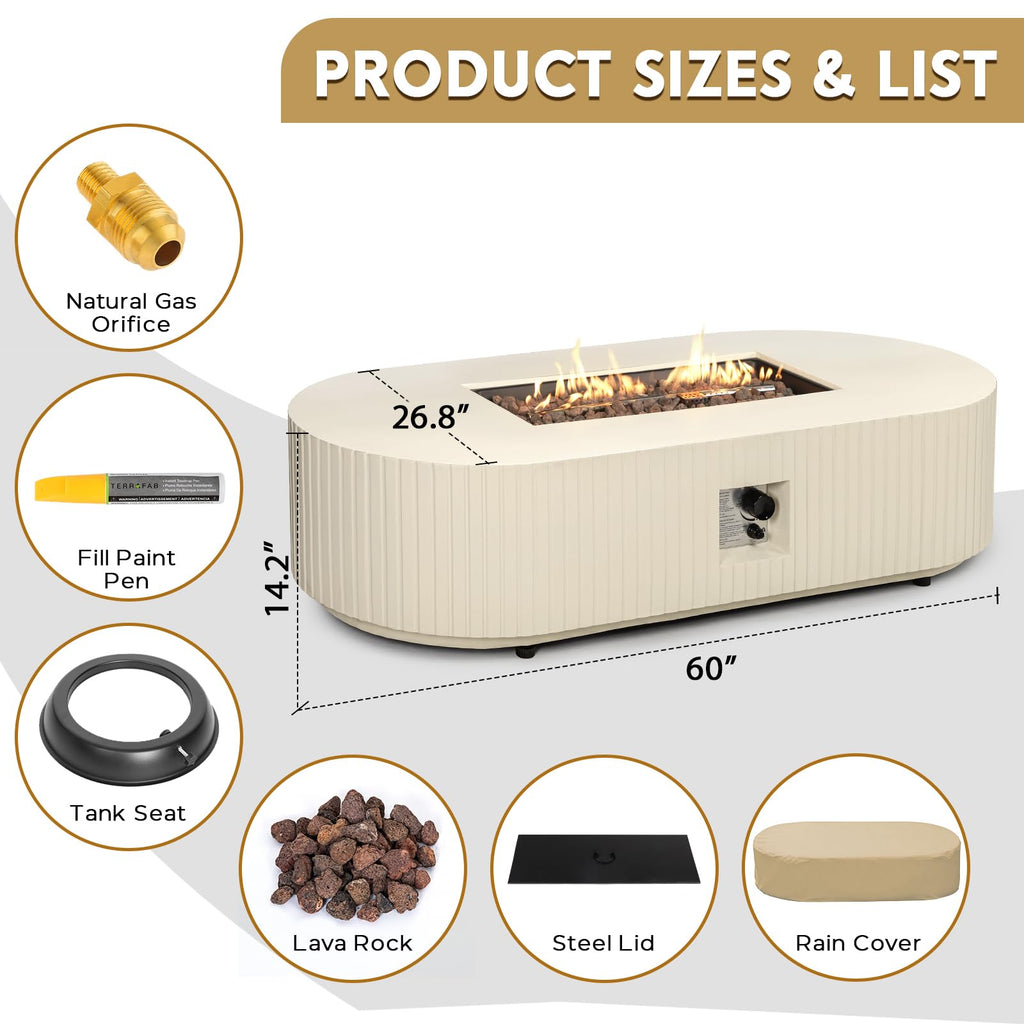 60" Oval Propane/Natural Gas Fire Pit Table, 50000 BTU Outdoor Patio, Beige