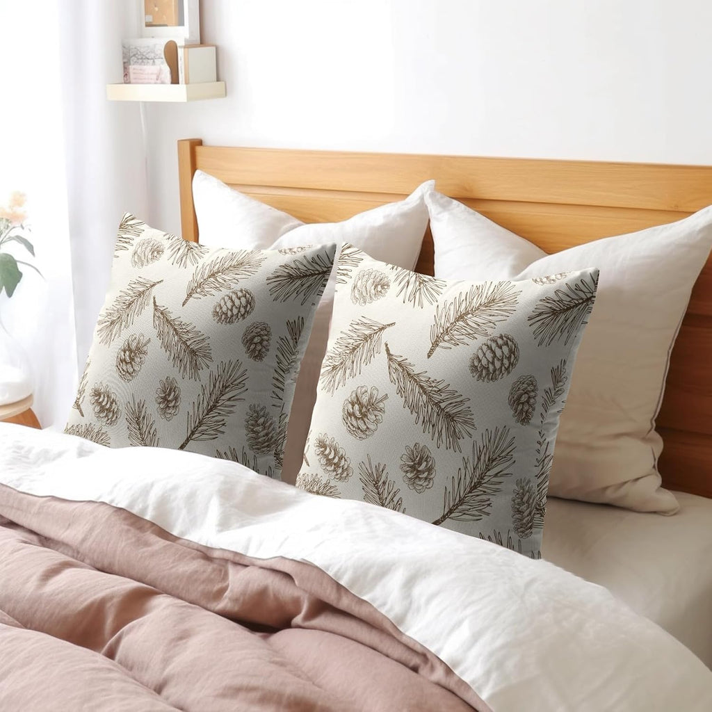 Winter Pinecone Pillow Covers 18 x 18 Inch Christmas Pine Cone Pattern Decoration Pillow Case Pine Needle - Set of 2