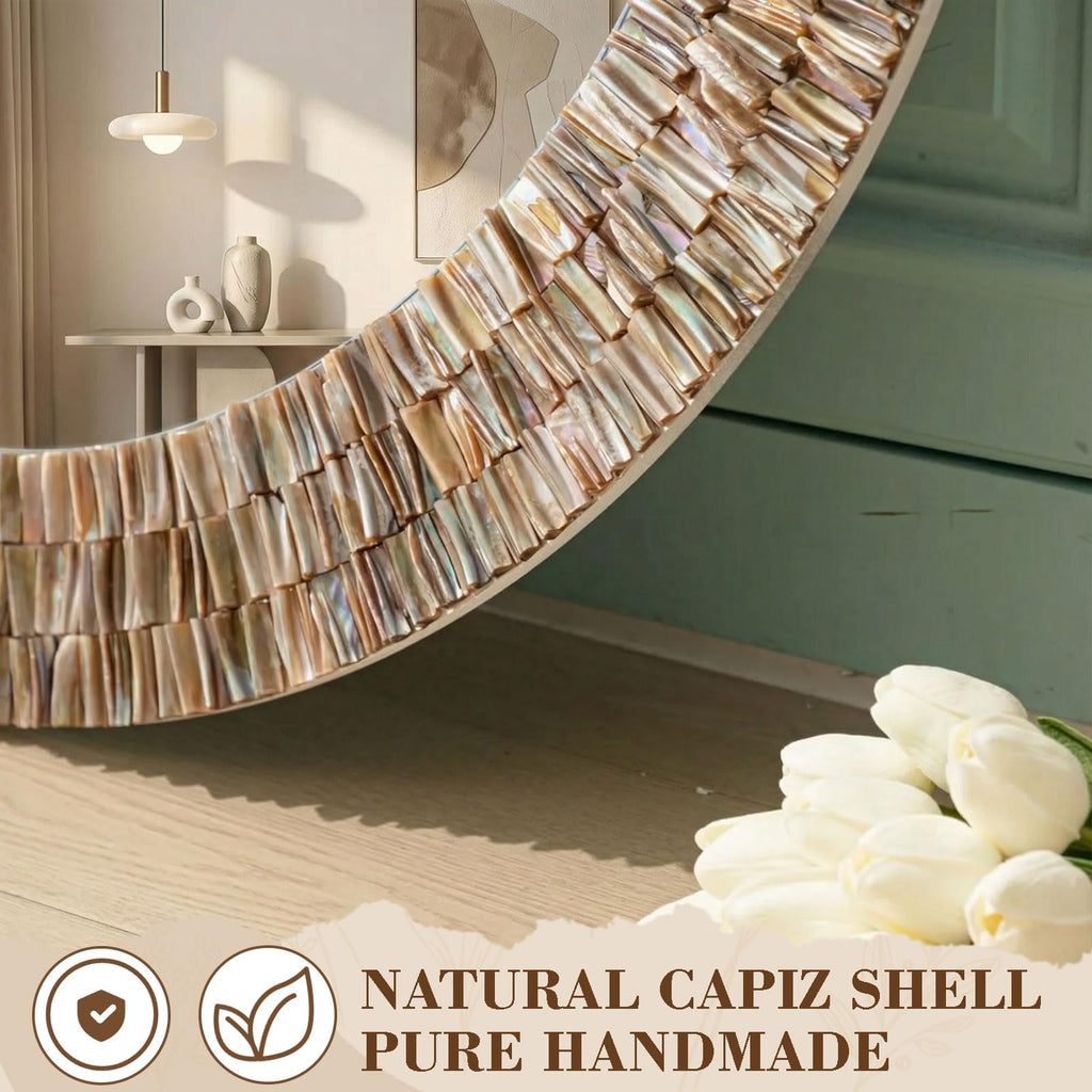 Large 30 Inch Round Capiz Shell Mirror Coastal Seashell Wall Decor