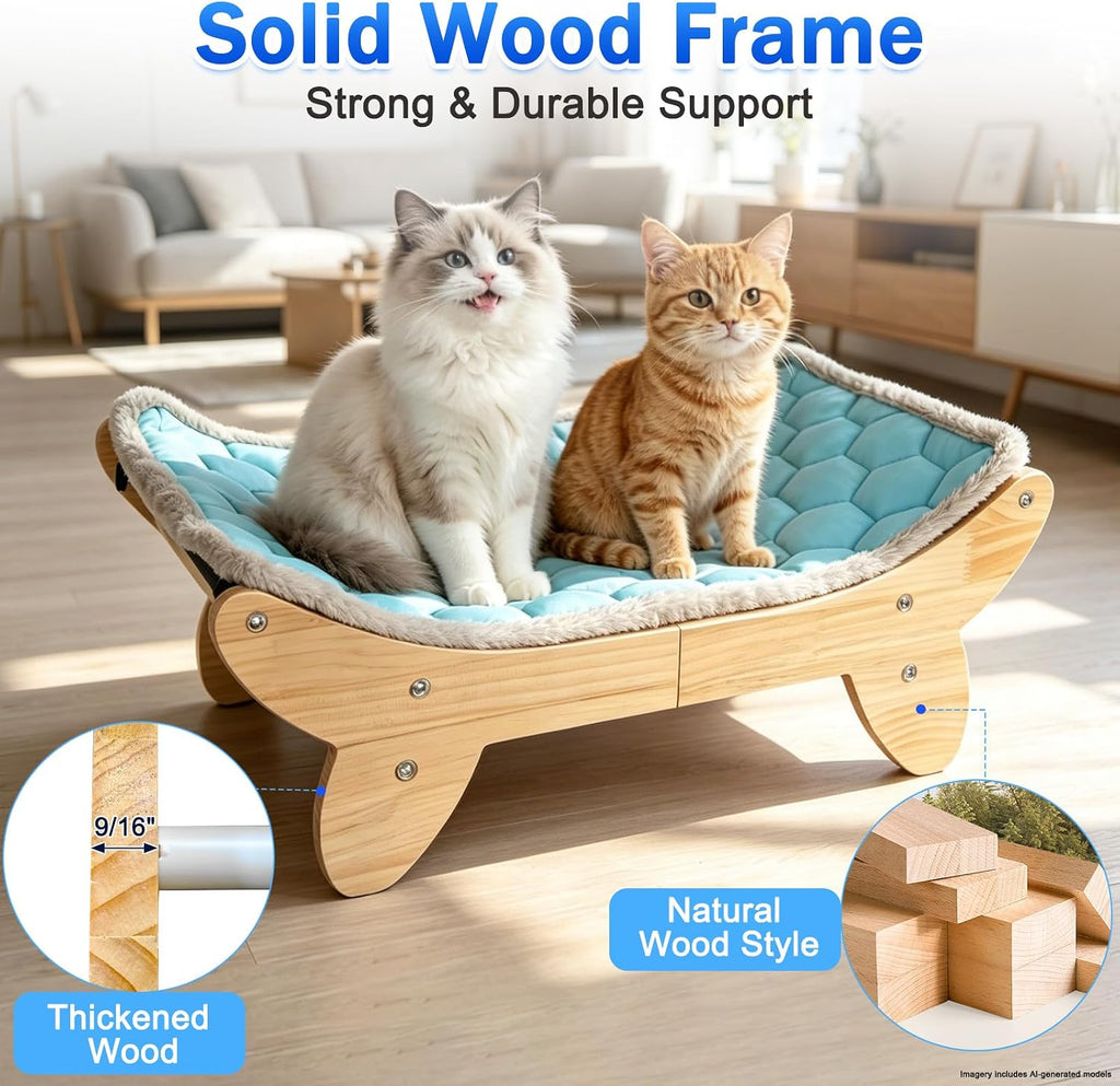 Elevated Cat Bed, Wooden Raised Cat Bed with Ice Cooling Mat