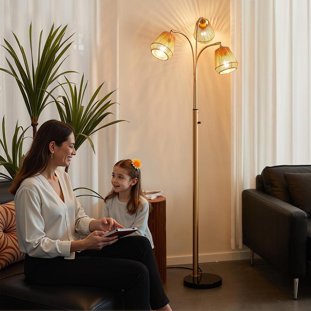 Gold Rattan Floor Lamp, 72'' 3-Light Boho Lamp
