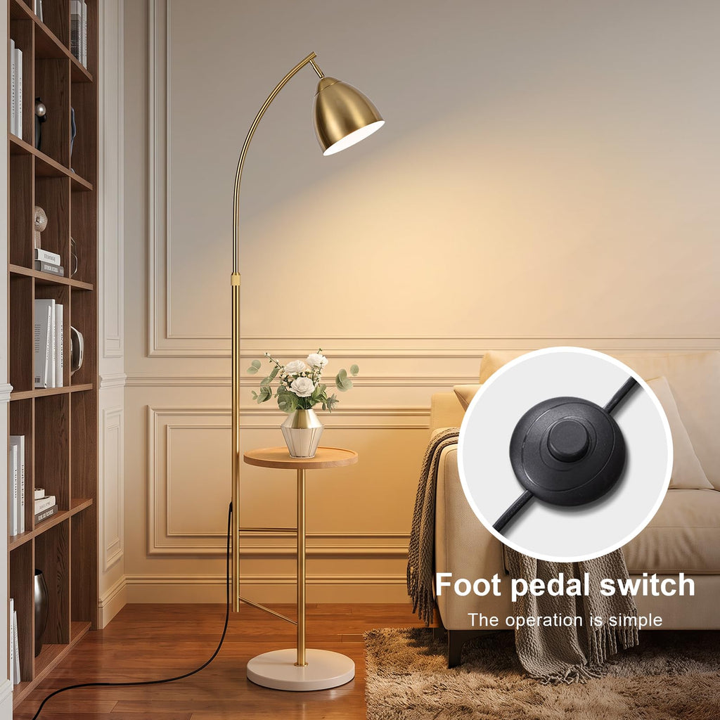Brushed Gold Standing Lamp with Table, Adjustable Head, Bulb Included