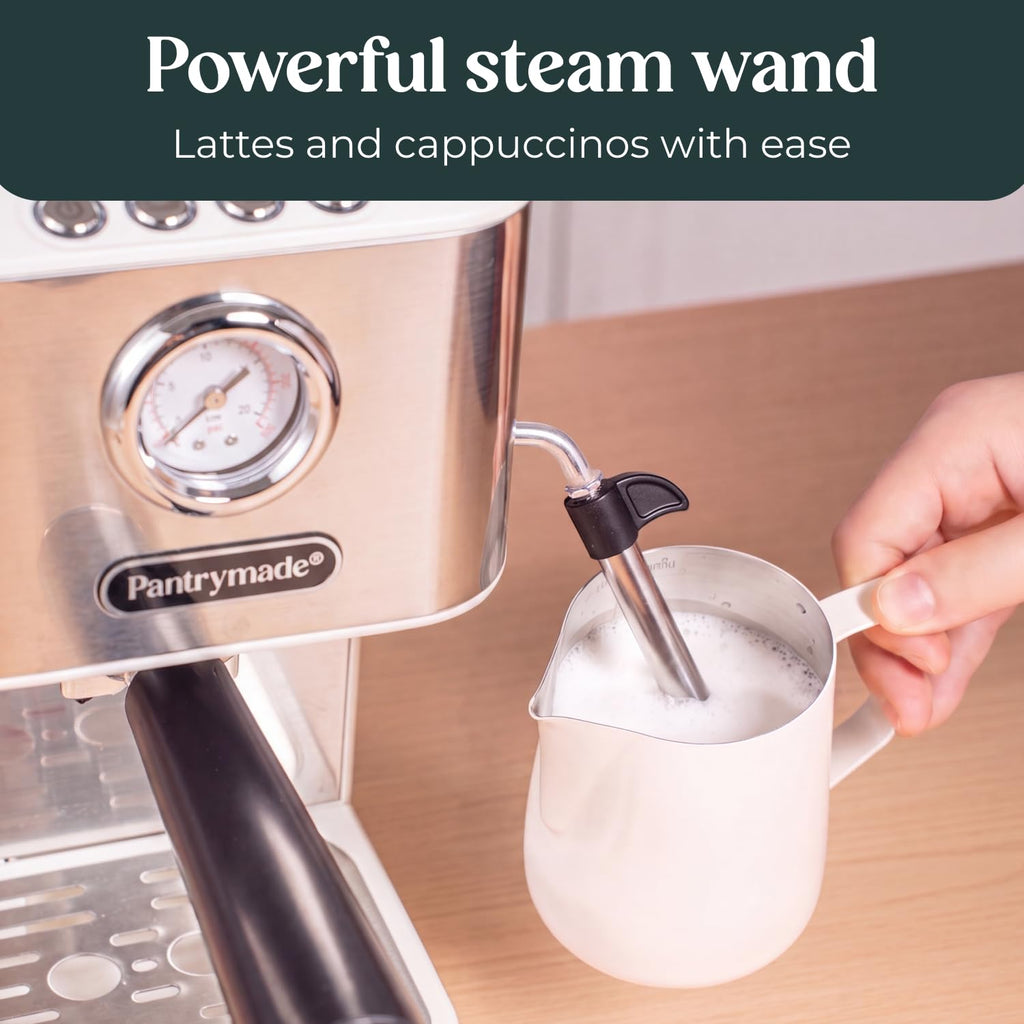 White Espresso Machine with Milk Frother & Pressure Gauge