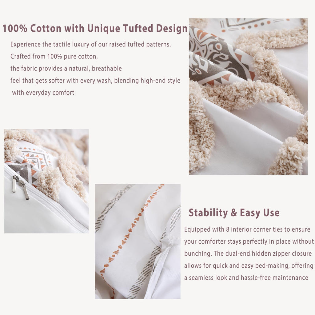 Beige 100% Cotton Boho Duvet Cover Set Queen Size, 3-Piece Tufted Textured Modern Boho Moroccan Bedding, Aztec