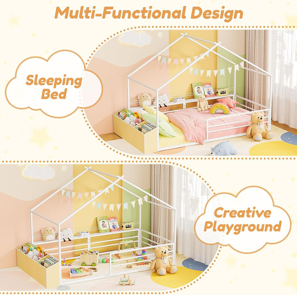 House Bed with Storage Organizer, Metal Montessori Floor Bed for Kids