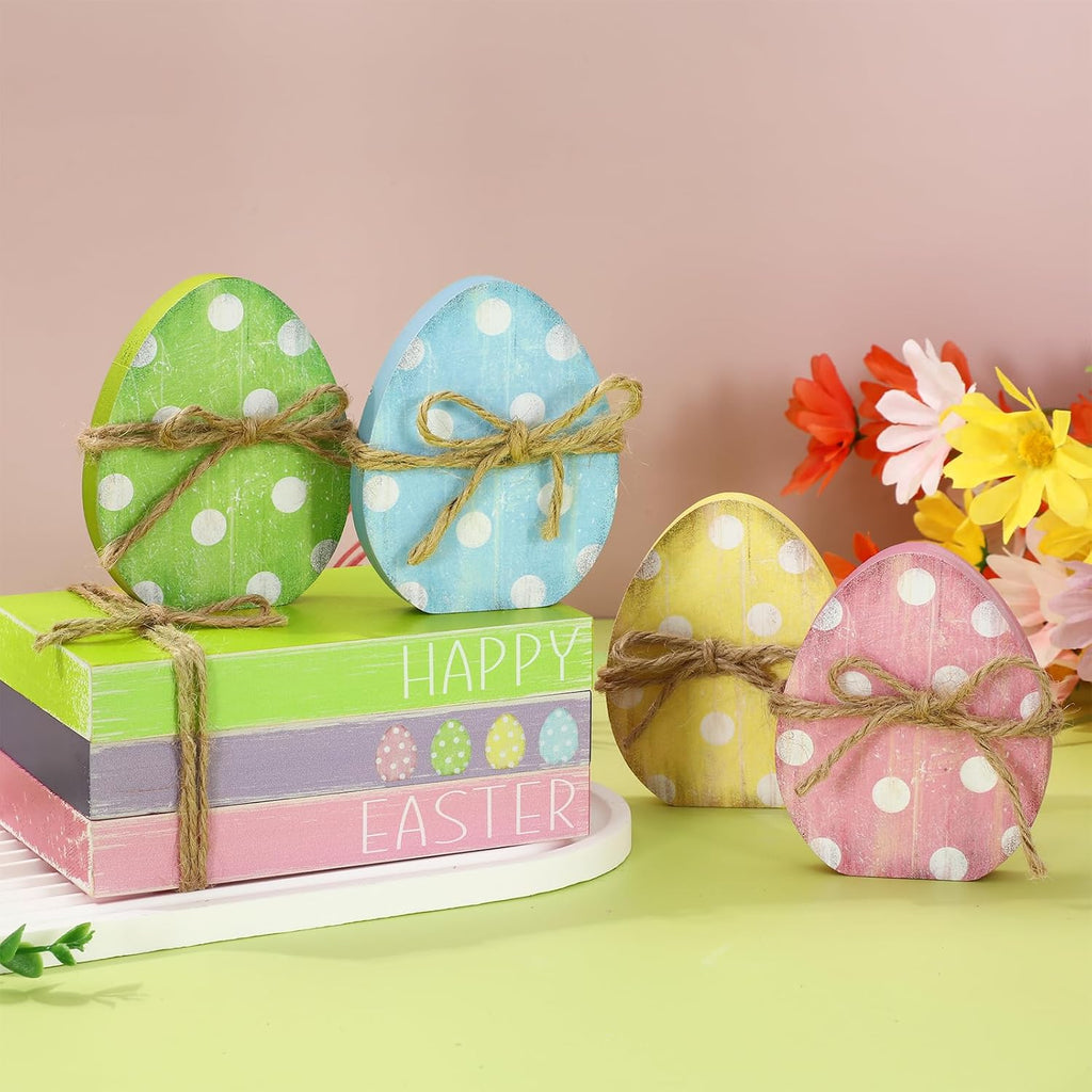 Easter Wooden Tiered Tray Decor Faux Stacked Books Colorful Polka Dot Egg Table Centerpiece Block Signs - Set of 7