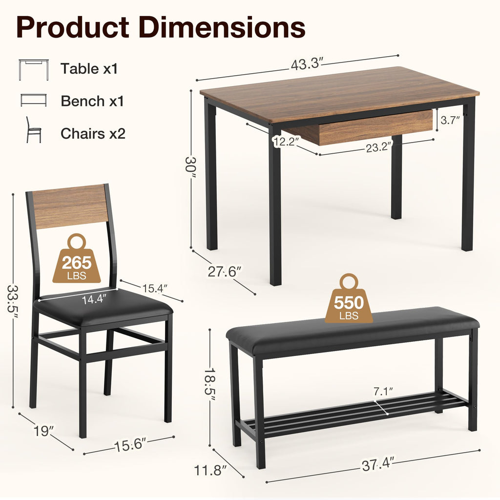 43.3" Dining Room Table Set for 4, Drawer, 2 Chairs & Bench, Walnut