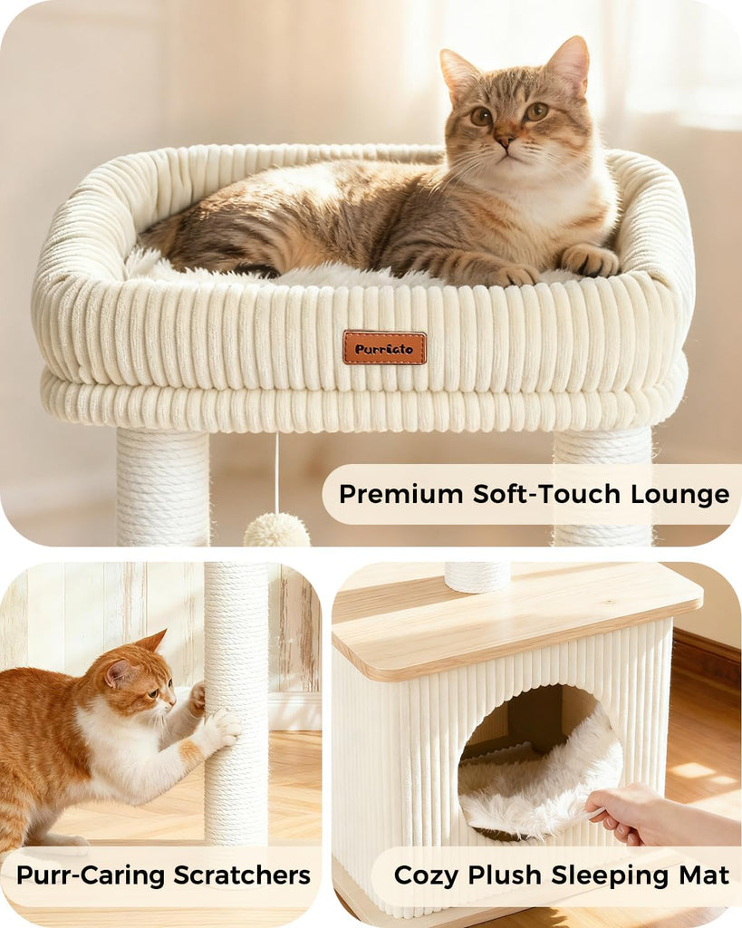 29" Small Cat Tree, Boho Wood Cat Tower with Sisal Scratching Post