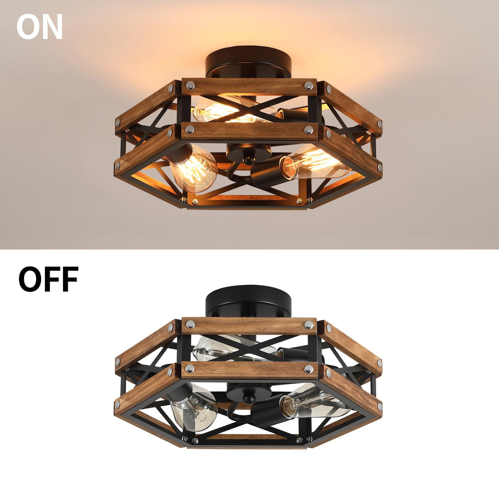 3-Light Rustic Farmhouse Wood Flush Mount Ceiling Light Fixture Oak Wood and Metal Cage Semi Flush Mount Ceiling