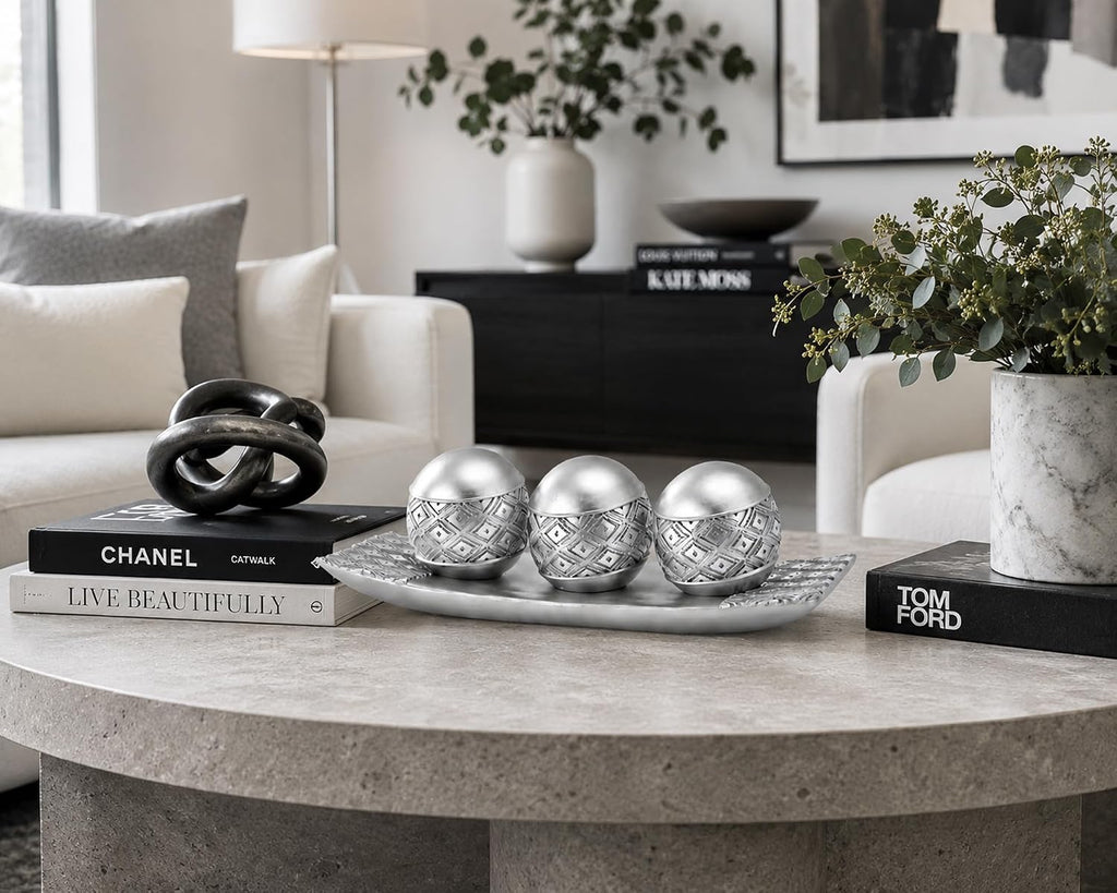 Silver Decorative Orbs with Tray Set, 3Pcs Resin Decorative Balls with Tray, Modern Accent Sphere for Coffee Table