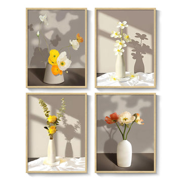 Framed Botanical Floral Wall Art, 4 Piece Yellow Flower Canvas Painting Prints Artwork for Walls, Modern Elegant
